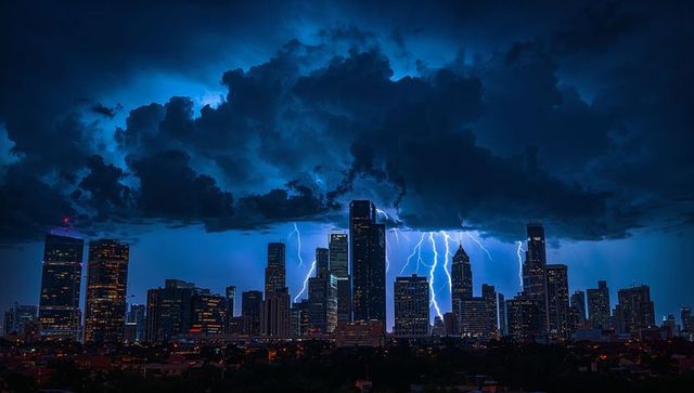Lightning Striking Downtown Skyline Lighting Glass Skyscrapers Under Dramatic Night Clouds