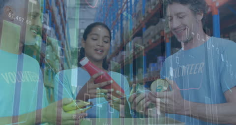 Volunteers Organizing Donation Goods with Digital Financial Overlay