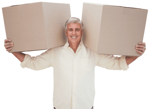 Smiling senior man holding boxes on transparent background