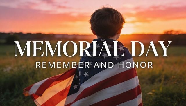 Child standing wrapped in american flag facing sunset memorial day remember and honor