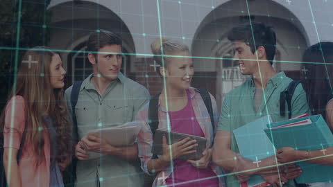 Group of Students Engaging in Conversation with Digital Overlay