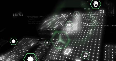 Futuristic cyber grid showing dotted panels, binary streams and neon green hex interface