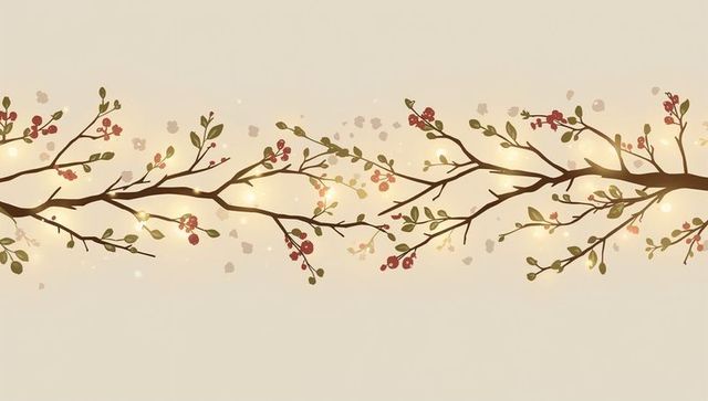 Warm beige botanical border with dark branches, olive leaves and red berries
