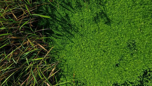Sunlit duckweed carpet edging marsh reeds, overhead view of dense green wetland mat