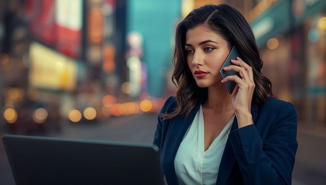 Businesswoman using laptop and smartphone in urban cityscape