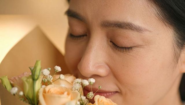 Closeup portrait of asian woman inhaling peach rose bouquet with baby's breath and kraft wrap