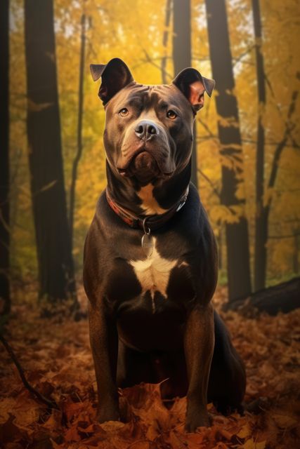 This image depicts a Pit Bull dog sitting proudly in an autumn forest with golden leaves covering the ground. The dog’s focused expression and majestic posture make it a powerful and serene scene. Perfect for use in pet-themed projects, advertisements for outdoor activities, veterinary services, or wildlife conservation campaigns.
