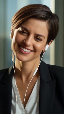 Vertical video headshot smiling businesswoman listening to call with earbuds