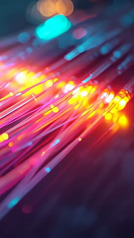 Vertical abstract fiber optic light motion with pulsing neon strands and cyan bokeh