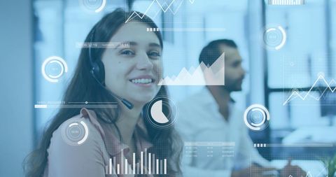 Businesswoman with Headset Using Data Analytics in Office