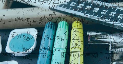 Mathematical Formulas Overlay on School Supplies for Education Concept