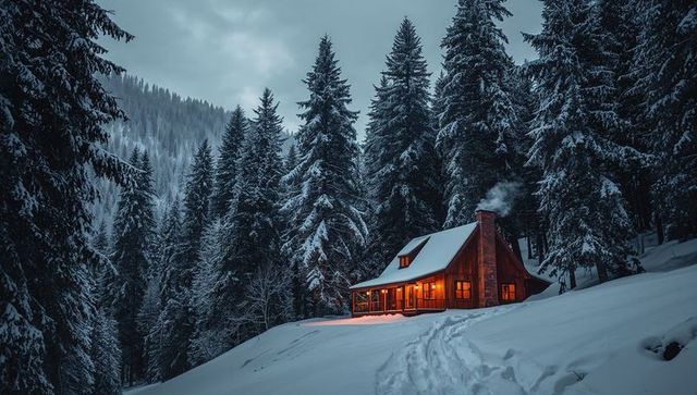 Cozy wooden cabin glowing at twilight in snowy pine forest with smoke rising from chimney