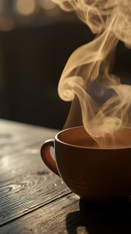 Vertical video steaming ceramic cup on wooden table with rising swirls of vapor and bokeh