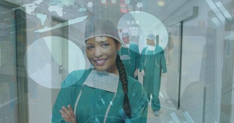 Confident Female Surgeon in Hospital Corridor with Infographic Overlay