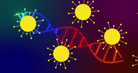 DNA Helix with COVID-19 virus depictions on cosmic backdrop
