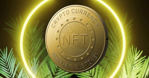 Glowing golden nft coin with tropical accents and futuristic glow