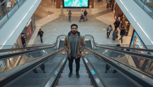 Man standing on mall escalator wearing tan jacket and grey hoodie with digital signage