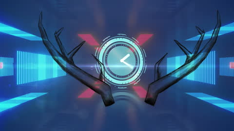 Deer Antlers and Digital Clock in Futuristic Neon Tunnel