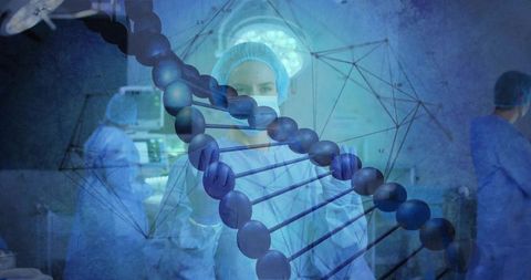 Surgeon Analyzing Digital DNA Helix in Futuristic Surgical Environment