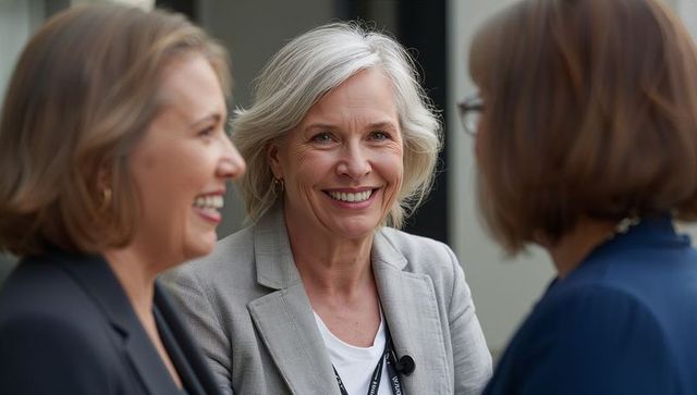 Smiling mature businesswoman speaking with colleagues during conference networking event