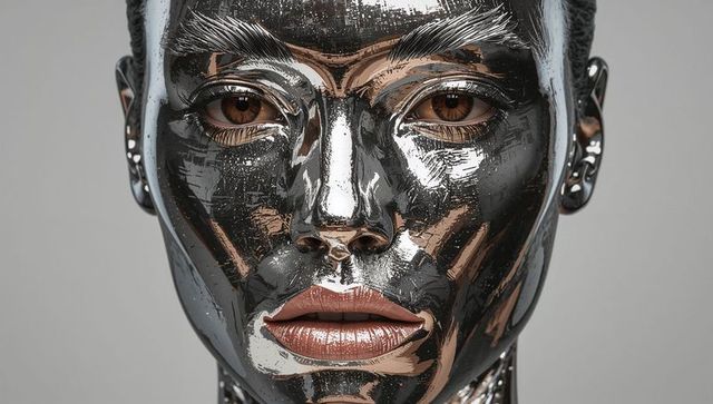Reflecting chrome-coated humanlike face with brown irises, glossy texture and symmetry