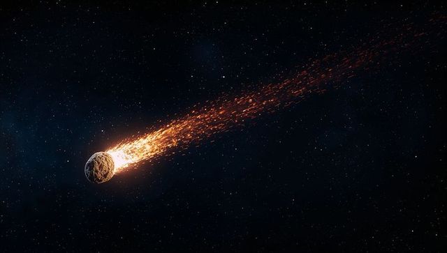 Streaking meteoroid trailing fiery embers across starfield, glowing orange wake and cosmic void