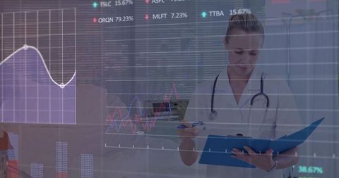 Doctor Analyzing Medical Data with Digital Chart Overlays in Healthcare Clinic