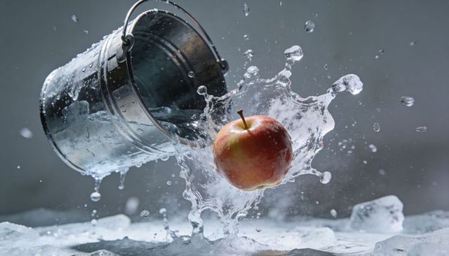 Red-yellow apple splashing from metal bucket with dramatic crown water splash over ice