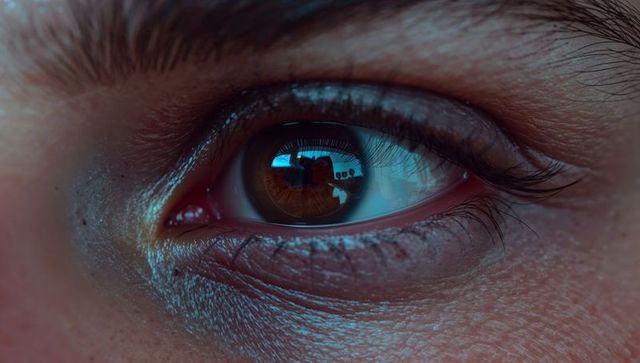 Macro brown eye close-up showing corneal reflection, tear lake, glossy iris and lashes