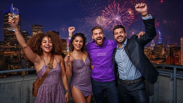 Rooftop party friends toasting with wine under fireworks over urban night skyline