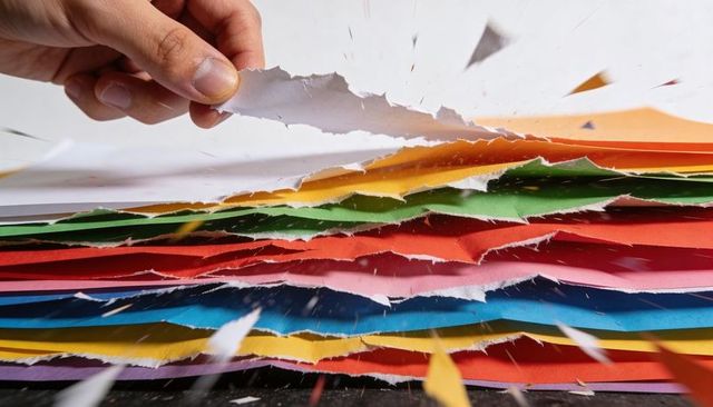 Hand tearing color paper layers showing torn edges and craft texture for design projects