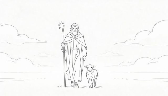 Walking bearded shepherd guiding lone sheep across open plain line art minimal monochrome