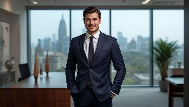 Confident Executive Standing in Corner Office with City Skyline View