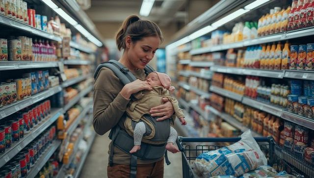 Young mother holding sleeping baby in front carrier while shopping in supermarket aisle