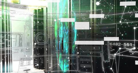 Futuristic data center with holographic teal column and augmented reality network overlay