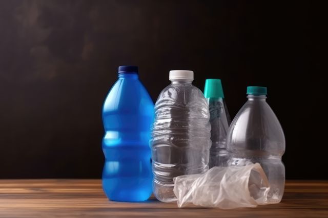 Plastic bottles on wooden and black background, created using generative ai technology. Recycling, environment and climate change awareness concept digitally generated image.