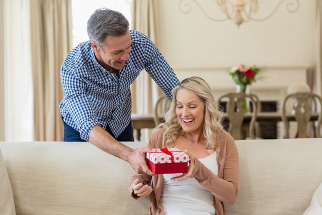 Man giving woman a gift in a cozy living room. Ideal for themes of love, relationships, celebrations, and family bonding. Perfect for use in advertisements, greeting cards, and articles about romantic gestures and special occasions.