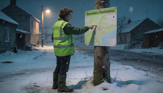 Community volunteer pointing at map on snowy village street at night wearing hi-vis vest