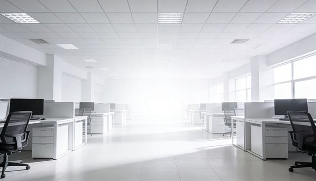 Bright minimalist open-plan office with white workstations and black mesh chairs for corporate use