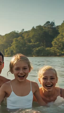 Dad Holding Daughters Laughing and Splashing in Lake at Golden Hour Vertical Family Video