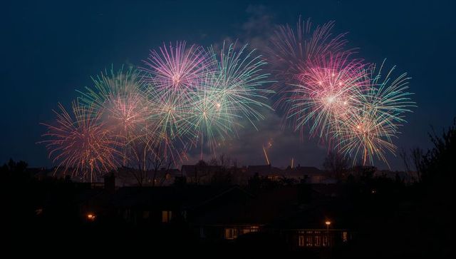 Vibrant firework display over suburban skyline at night