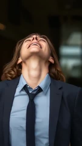 Vertical video of laughing businesswoman tilting head back in office corridor
