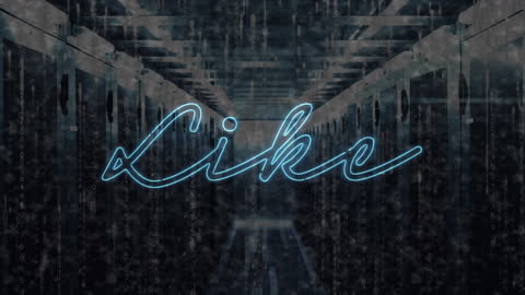 Neon Blue 'Like' Text in High-Tech Server Room Environment