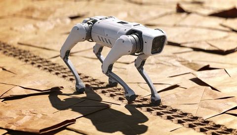 White quadruped robot walking across cracked brown terrain with sensor array and shadow