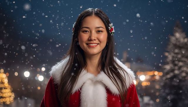 Festive woman in snowy park wearing red fur coat and floral ornaments