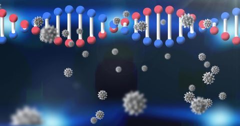 Dna helix digital rendering with virus particles and music waves