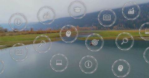 Kayaker exploring serene lake with digital interface overlay