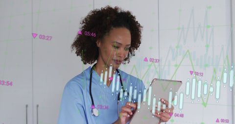 african american female doctor using a tablet with digital data projections and medical charts. this represents a blend of modern technology and healthcare. ideal for illustrating topics on innovation in medicine, data-driven healthcare, telemedicine, and digital solutions in medical fields. can be used in healthcare technology apps, medical brochures, or articles on advanced healthcare practices.