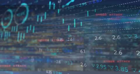 Abstract Digital Data Display with Skyline and Graphs Representing Cyber Data