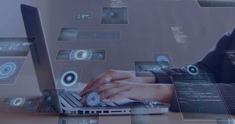 Futuristic Workspace Concept with Holographic Code Displays